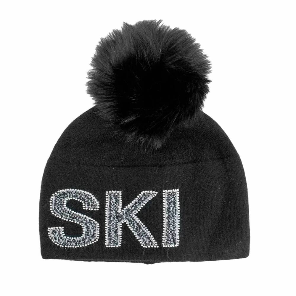 NEW MITCHIE'S MATCHINGS women's knit ski beanie with crystals & fox fur pom pom